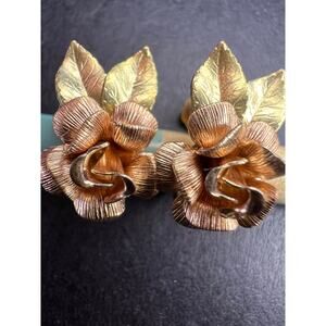 Vintage Krementz Rose and yellow gold tone Flower Leaf Screw Back Earrings